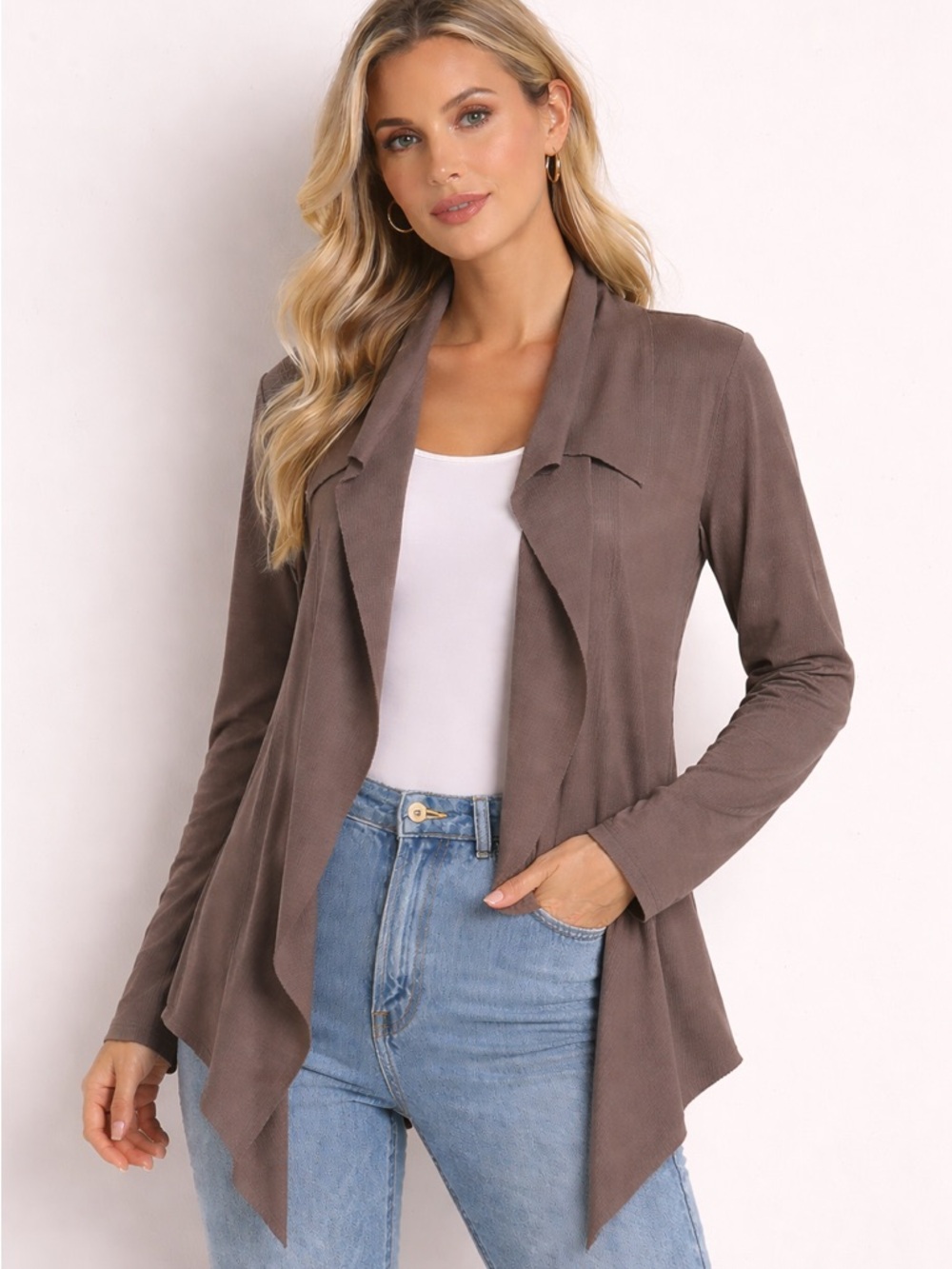 Peruvian Connection XL waterfall cardigan taupe open front Pima cotton minimal